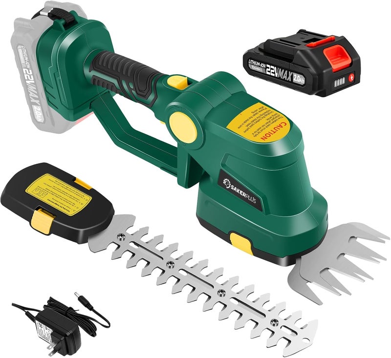 SakerPlus Cordless Hedge Trimmer, 2-in-1 Electric Bush Trimmer and Handheld Grass Cutter, 22V Lightweight Mini Shrub Trimmer Grass Clippers with 1 Battery and Charger, Perfect Gardening Yard Tools - Image 1